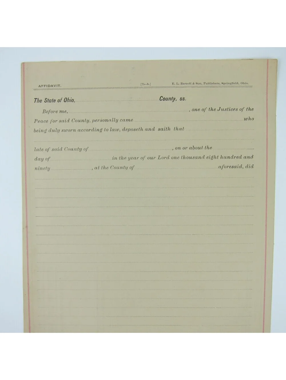 1890s Ohio Affidavit For State Warrant Record Form Blank Justice Antique RARE